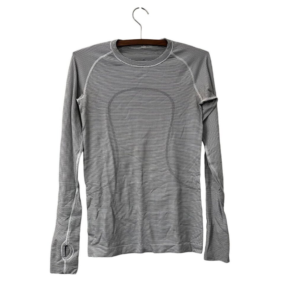 Lululemon White Black Striped Swiftly Tech Long Sleeve Thumbholes Top Size 6